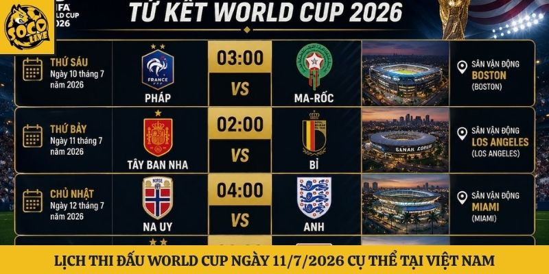 Lịch thi đấu world cup ngày 11/7/2026 cụ thể tại Việt Nam